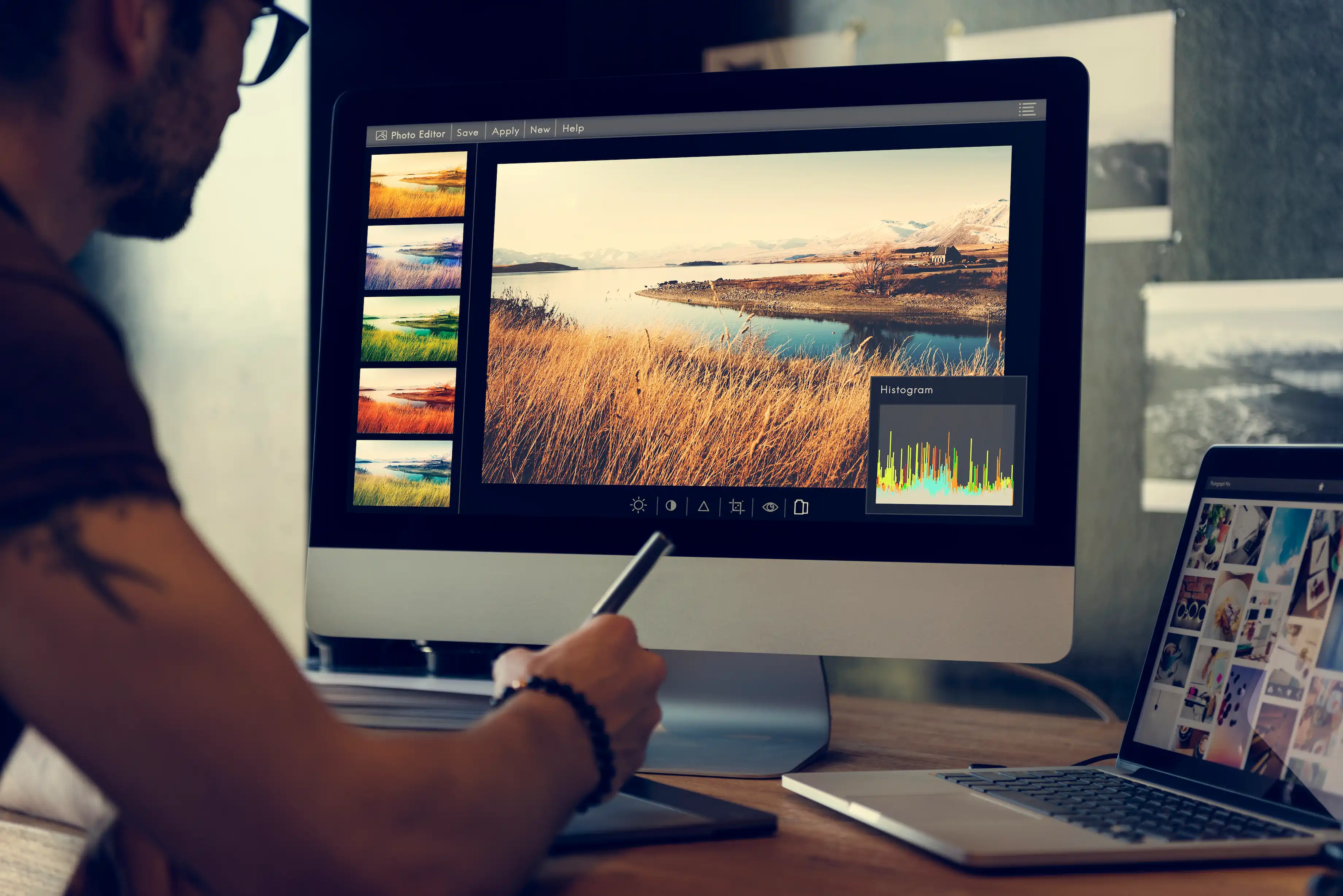 Creative professional reviewing video edits in an organized workflow.