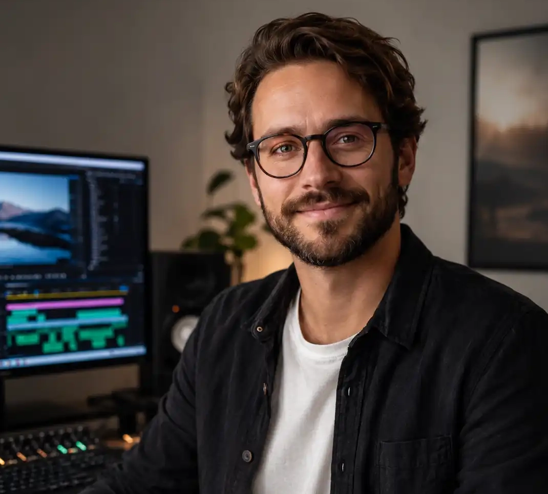 Professional video editor in a modern editing studio.